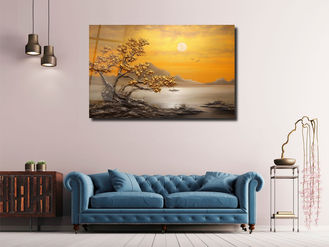 Sunset Landscape Glass Printing Wall Art - Gold Glass Wall Decor