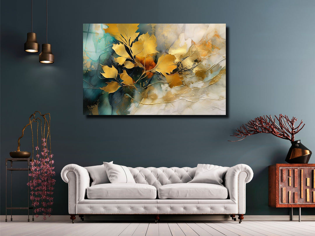 Gold Floral Glass Printing Wall Art - Glass Wall Decor