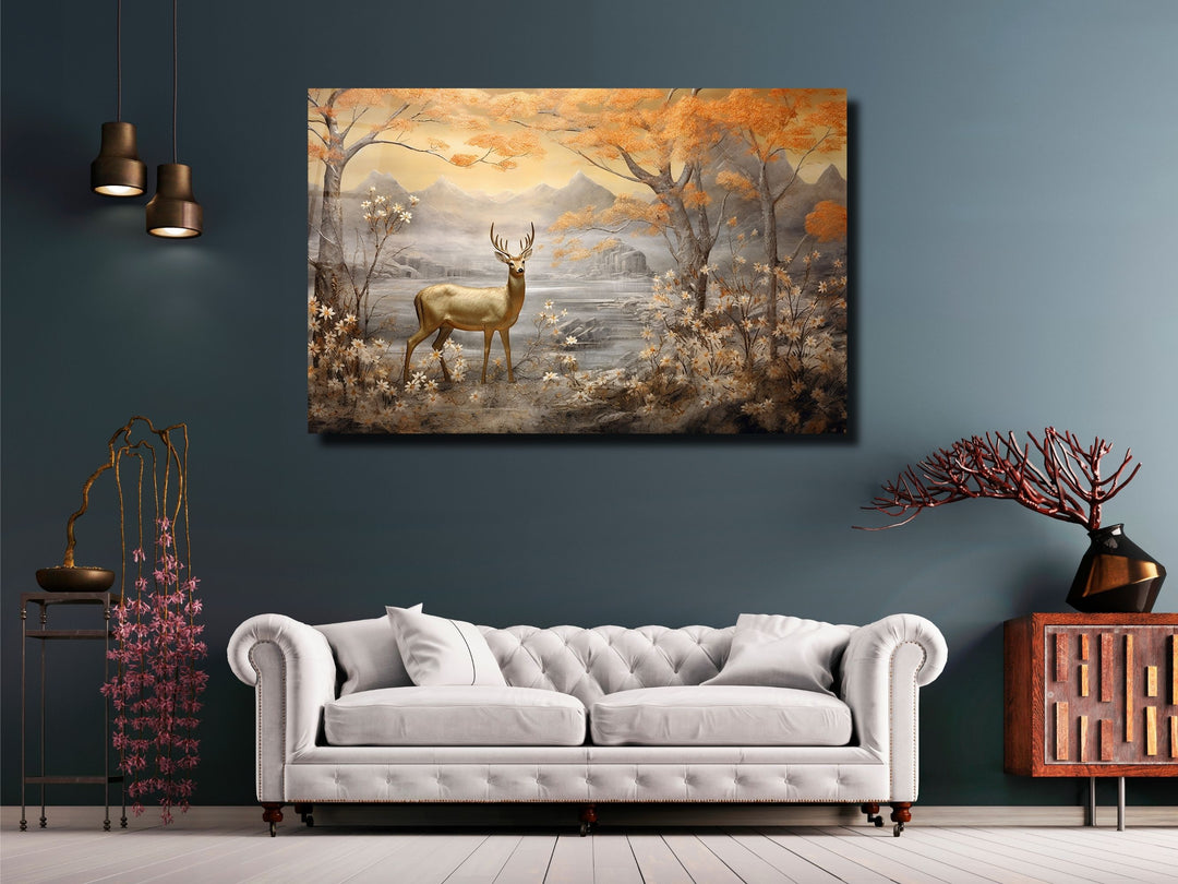 Gold Deer Glass Printing Wall Art - Landscape Glass Wall Decor