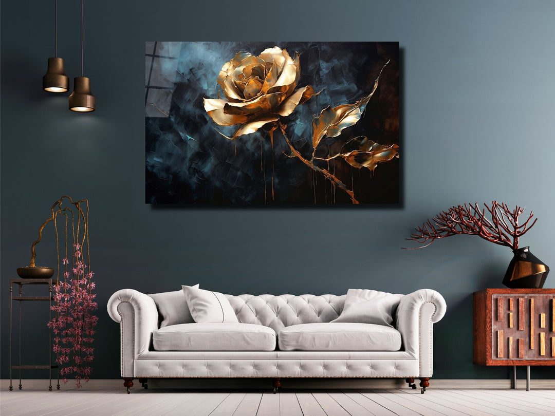 Gold Rose Glass Printing Wall Art - Glass Wall Decor