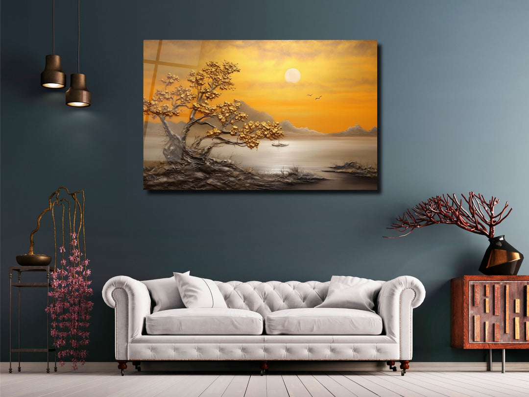 Sunset Landscape Glass Printing Wall Art - Gold Glass Wall Decor