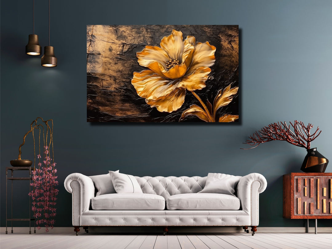 Gold Flower Glass Printing Wall Art - Glass Wall Decor