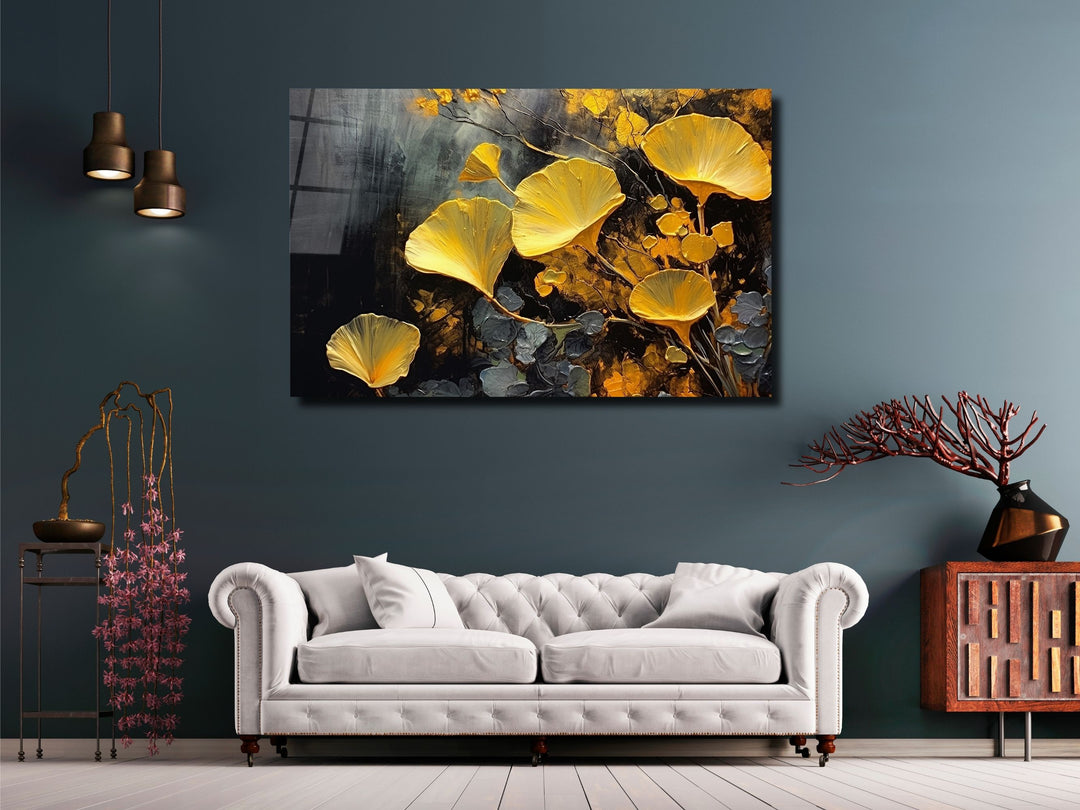 Gold Flower Glass Printing Wall Art - Glass Wall Decor