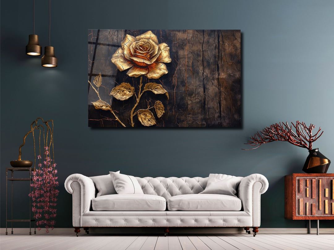 Gold Rose Glass Printing Wall Art - Glass Wall Decor