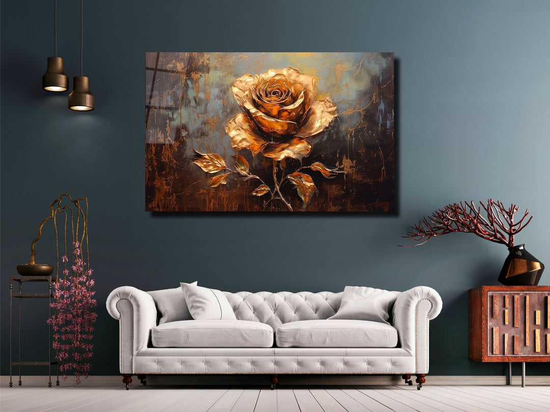 Gold Flower Glass Printing Wall Art - Glass Wall Decor