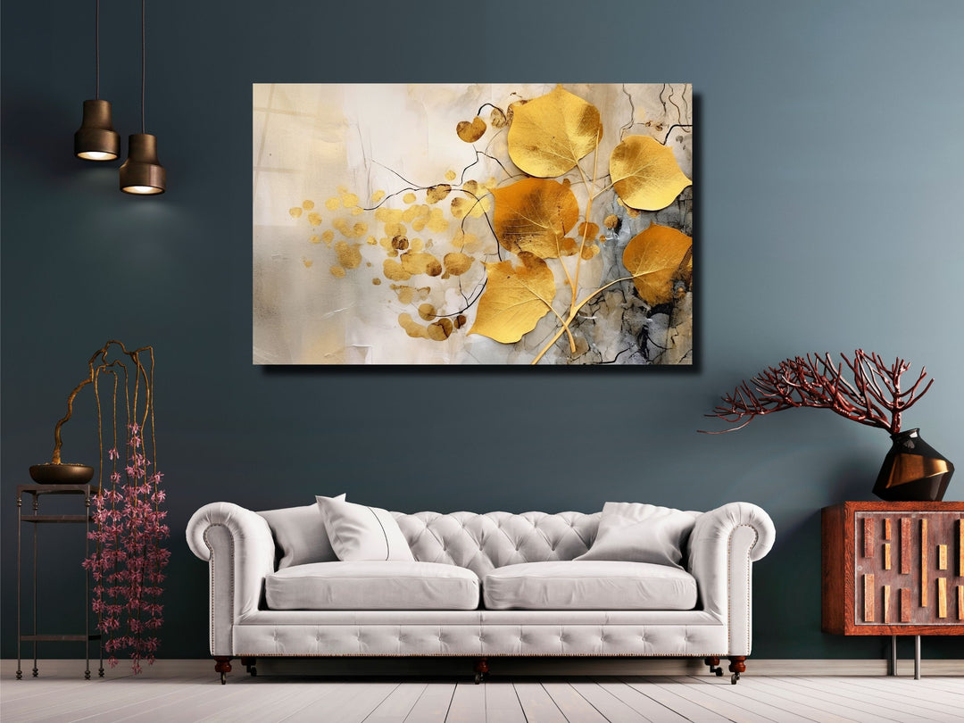 Gold Floral Glass Printing Wall Art - Glass Wall Decor