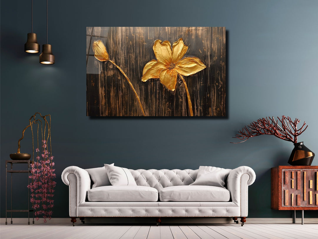 Gold Flower Glass Printing Wall Art - Glass Wall Decor