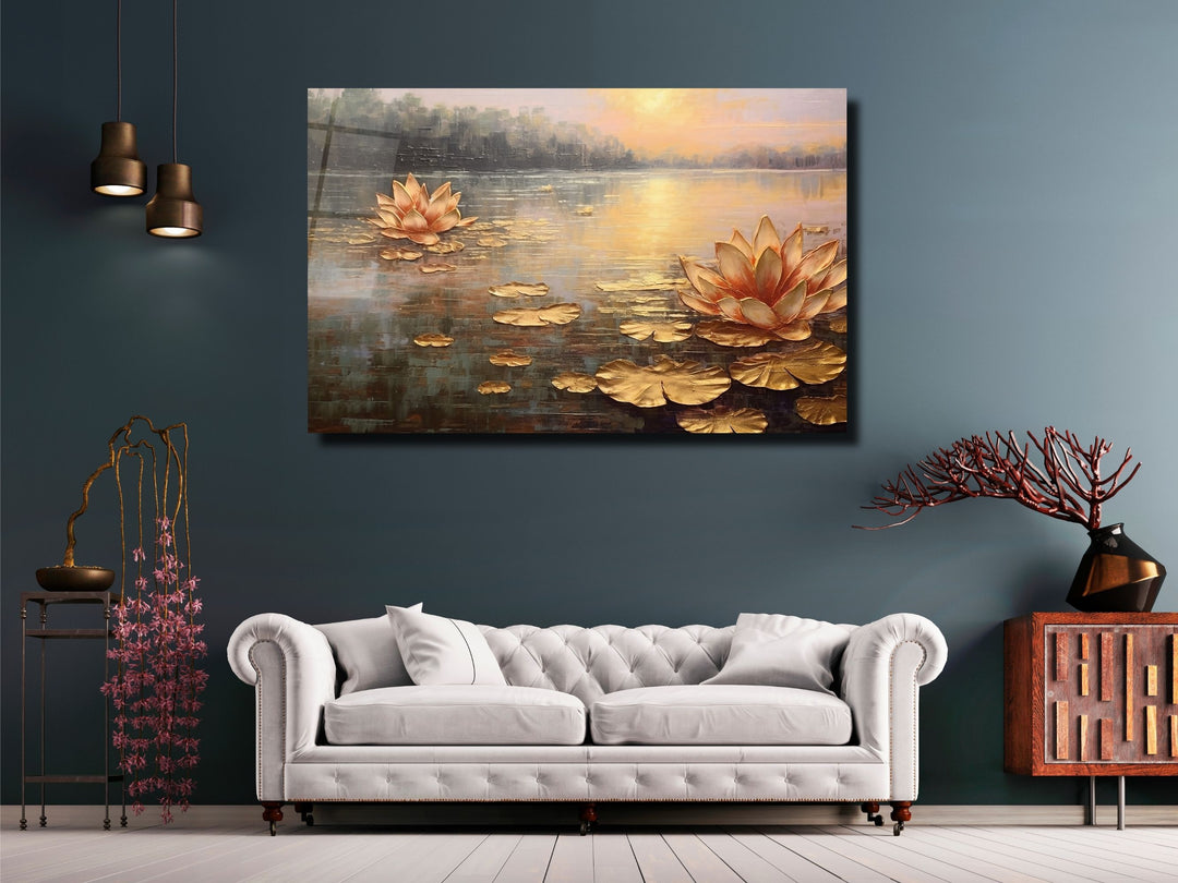 Gold Lotus Glass Printing Wall Art - Landscape Glass Wall Decor