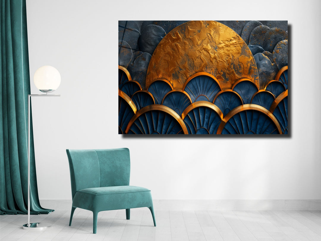 Abstract Gold Moon Glass Printing Wall Art- Ocean Wave Home&Office Wall Decor