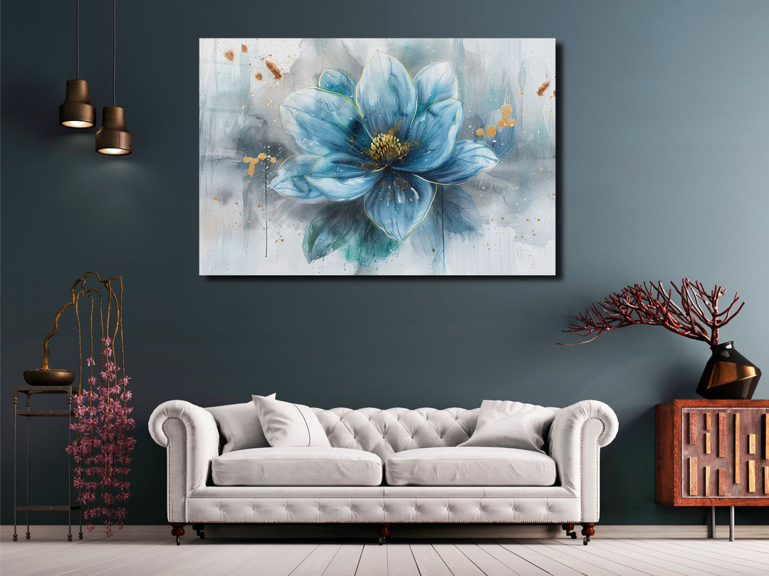 Blue Flower Glass Printing Wall Art - Floral Glass Wall Decor