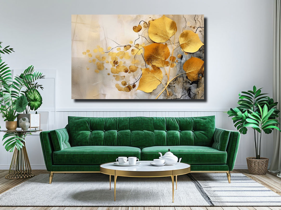 Gold Floral Glass Printing Wall Art - Glass Wall Decor