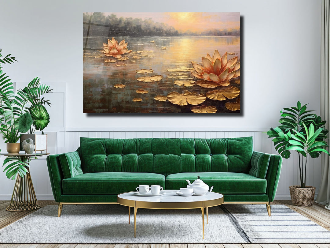 Gold Lotus Glass Printing Wall Art - Landscape Glass Wall Decor