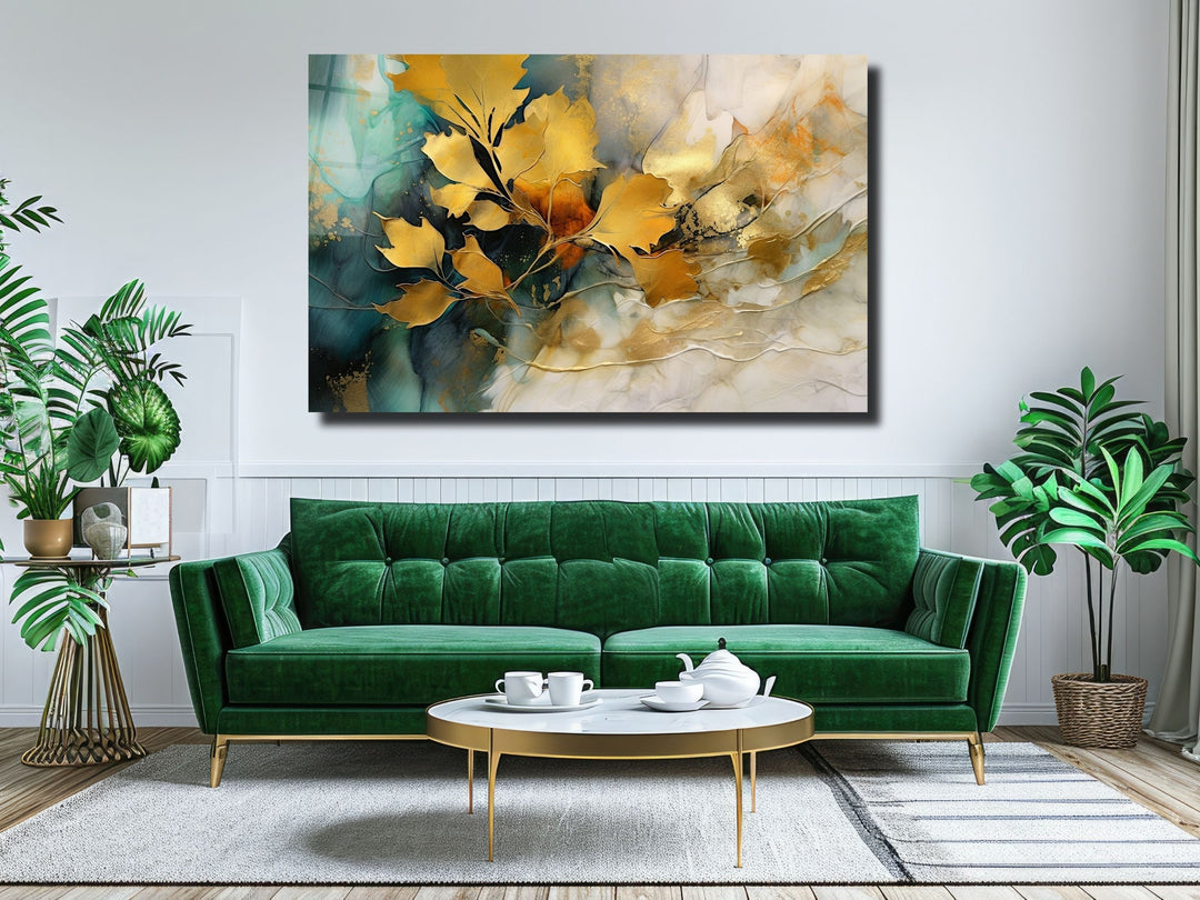 Gold Floral Glass Printing Wall Art - Glass Wall Decor