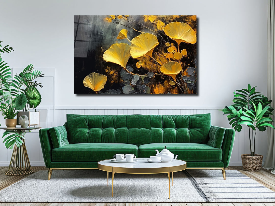 Gold Flower Glass Printing Wall Art - Glass Wall Decor