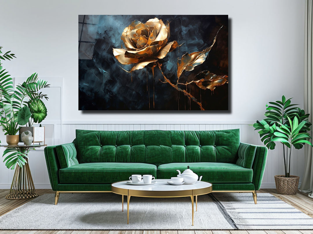 Gold Rose Glass Printing Wall Art - Glass Wall Decor