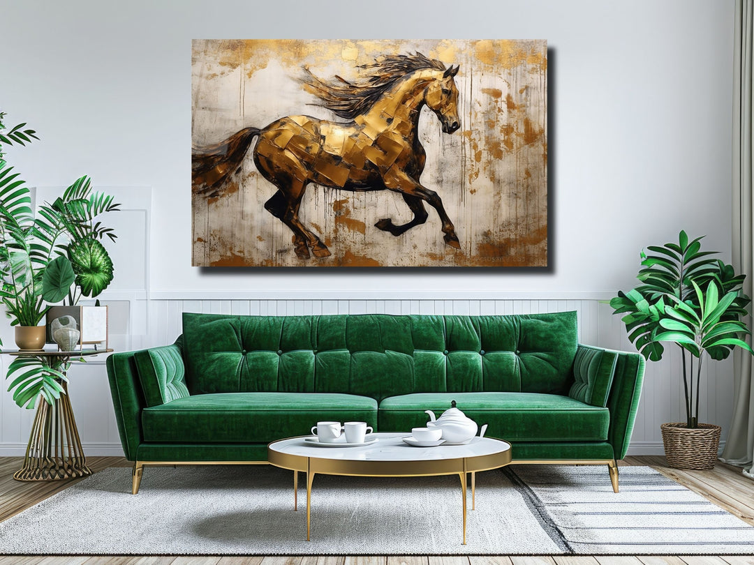 Gold Horse Glass Printing Wall Art - Glass Wall Decor