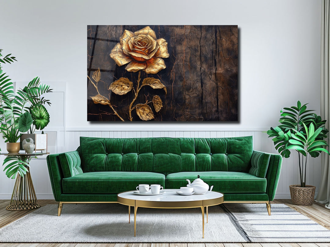 Gold Rose Glass Printing Wall Art - Glass Wall Decor