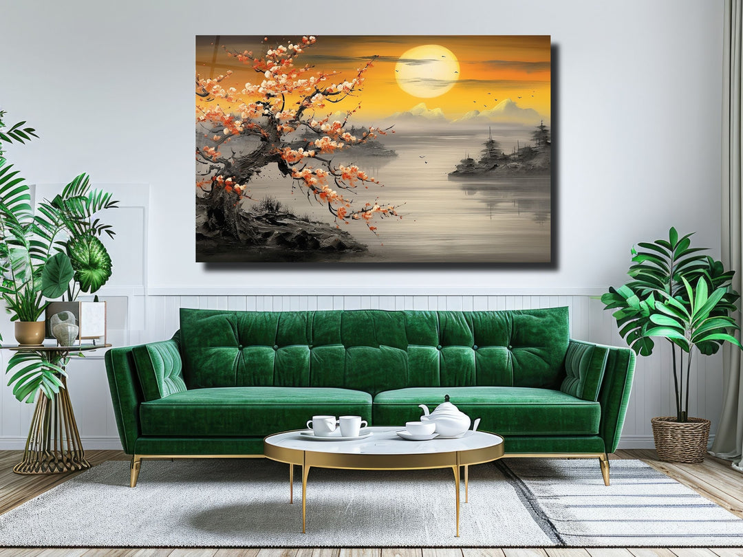 Sunset Landscape Glass Printing Wall Art - Gold Glass Wall Decor