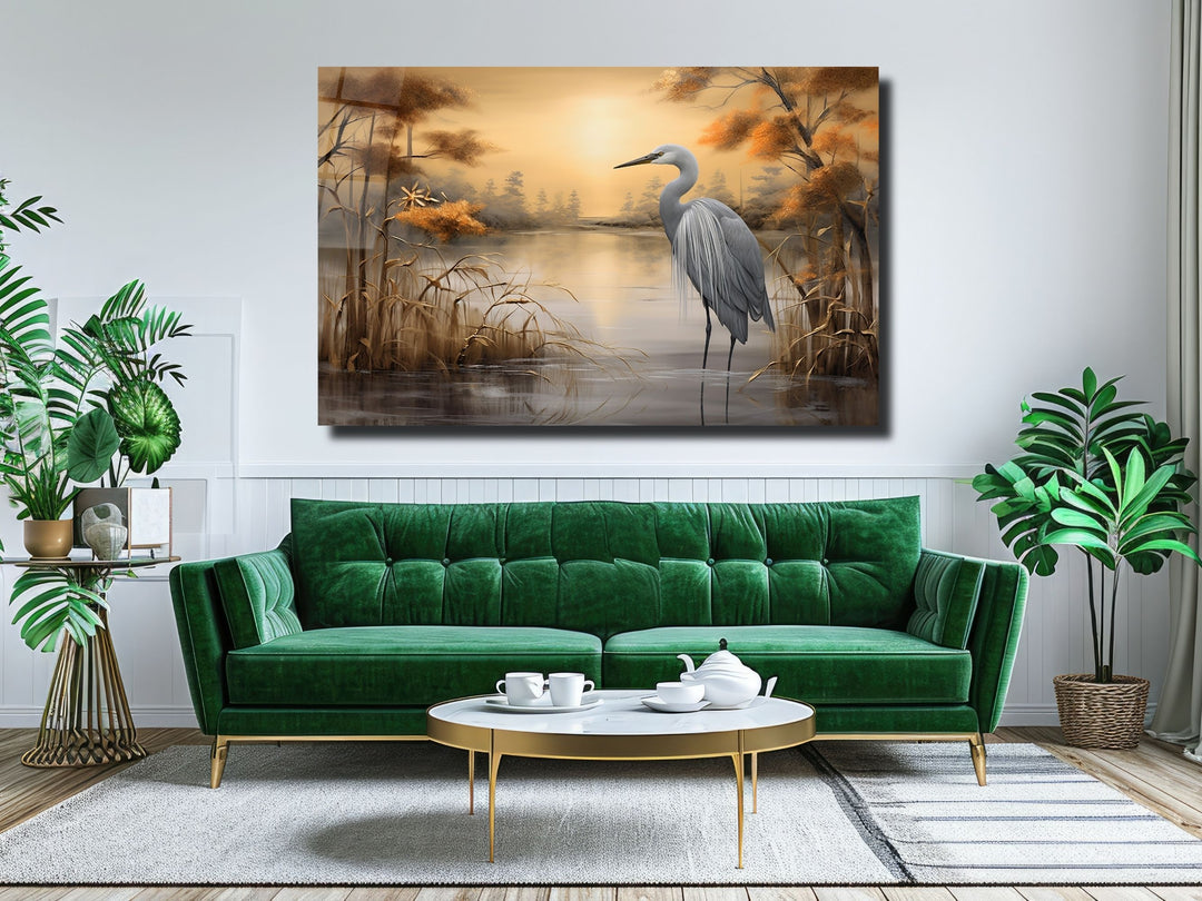 Stork Gold Glass Printing Wall Art - Landscape Glass Wall Decor