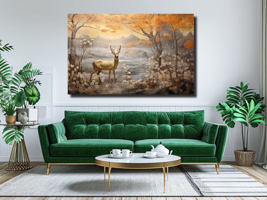 Gold Deer Glass Printing Wall Art - Landscape Glass Wall Decor