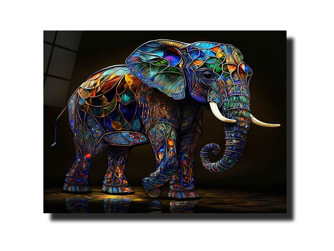 Elephant Colorful Stained Glass Pattern Glass Printing Wall Art - Glass Wall Decor