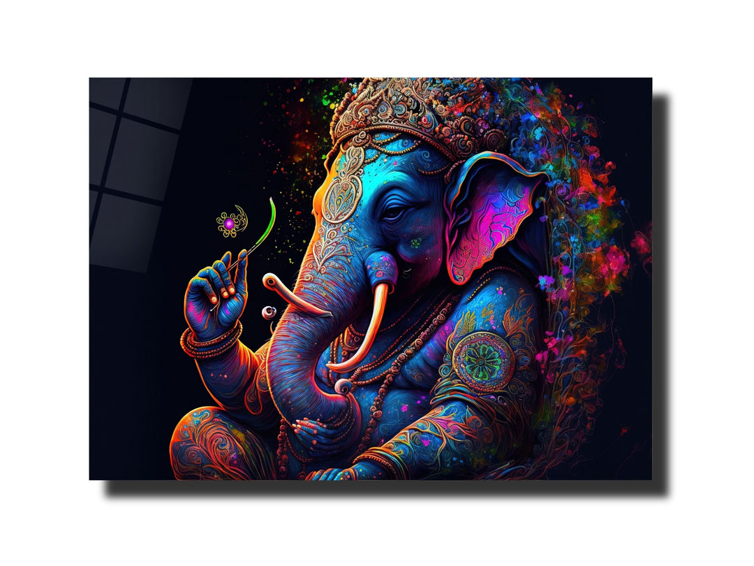 Ganesha-Colorful Elephant Glass Printing Wall Art - Modern Glass Wall Decor