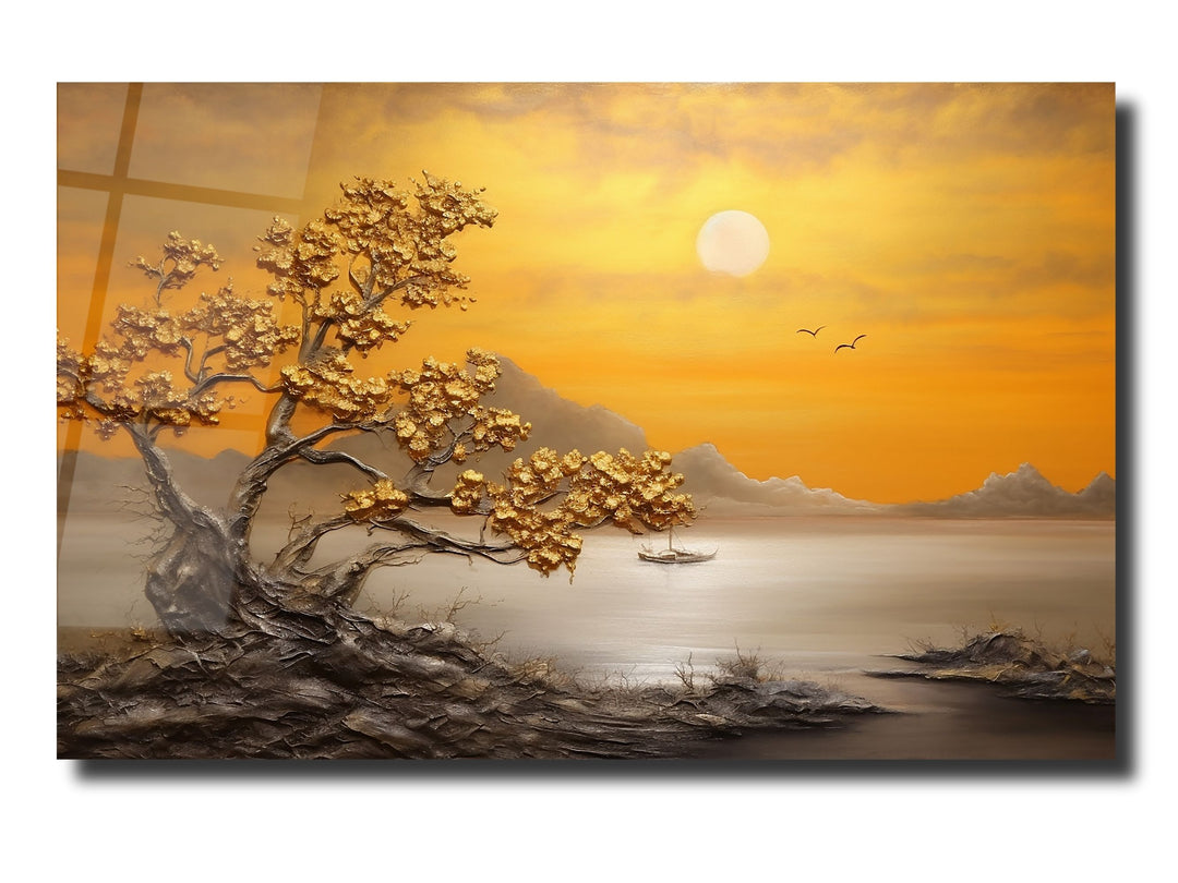 Sunset Landscape Glass Printing Wall Art - Gold Glass Wall Decor