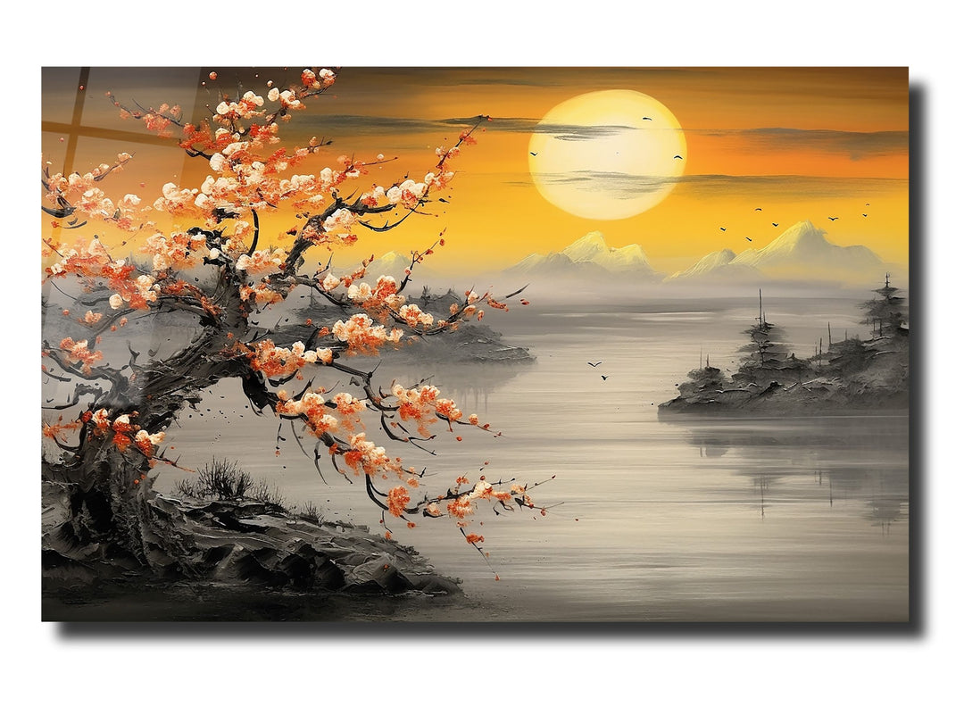 Sunset Landscape Glass Printing Wall Art - Gold Glass Wall Decor