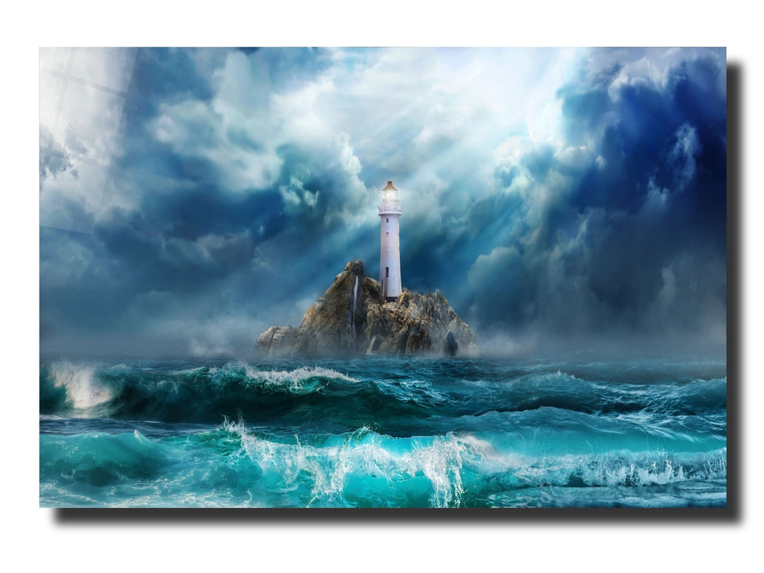 Lighthouse Blue Ocean Glass Printing Wall Art - Modern Glass Wall Decor