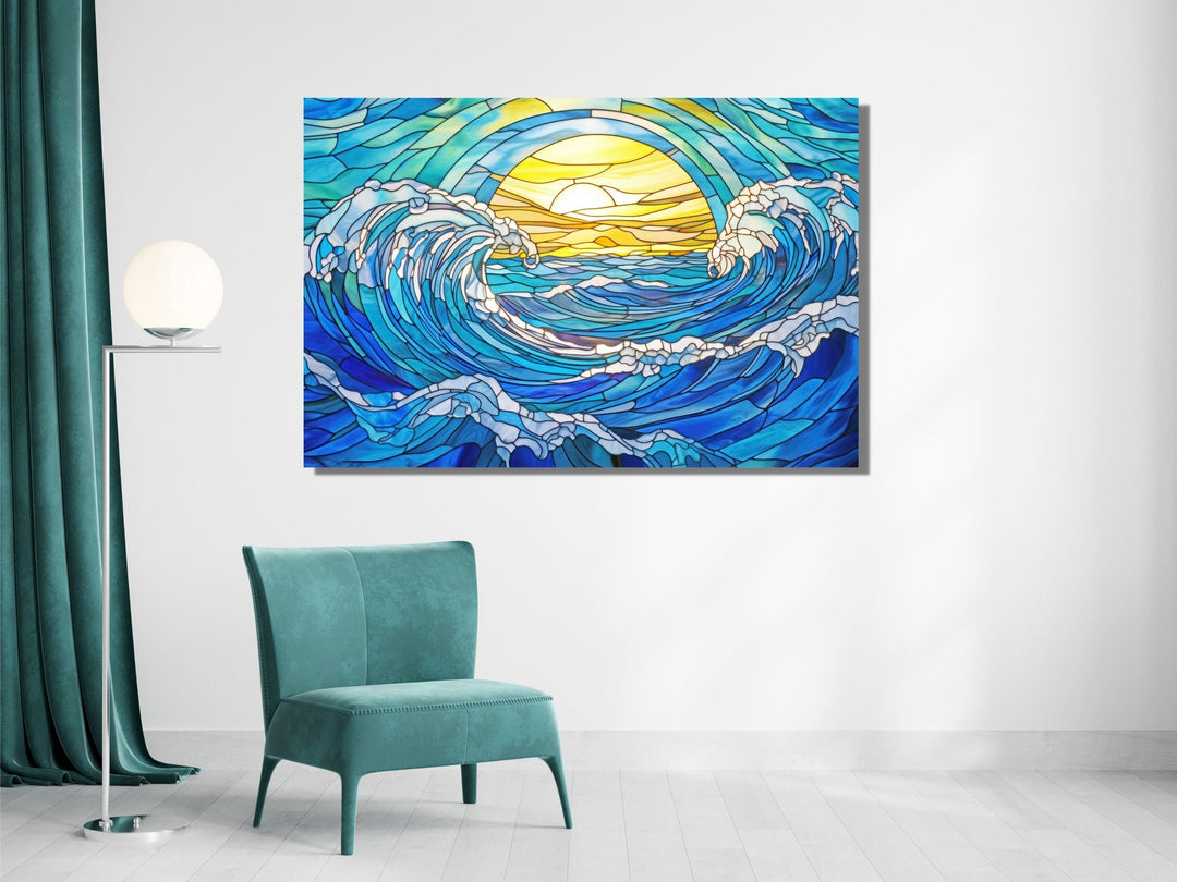 Stained Glass Ocean Wave Pattern Wall Art-Home Office Wall Painting Decor Panel