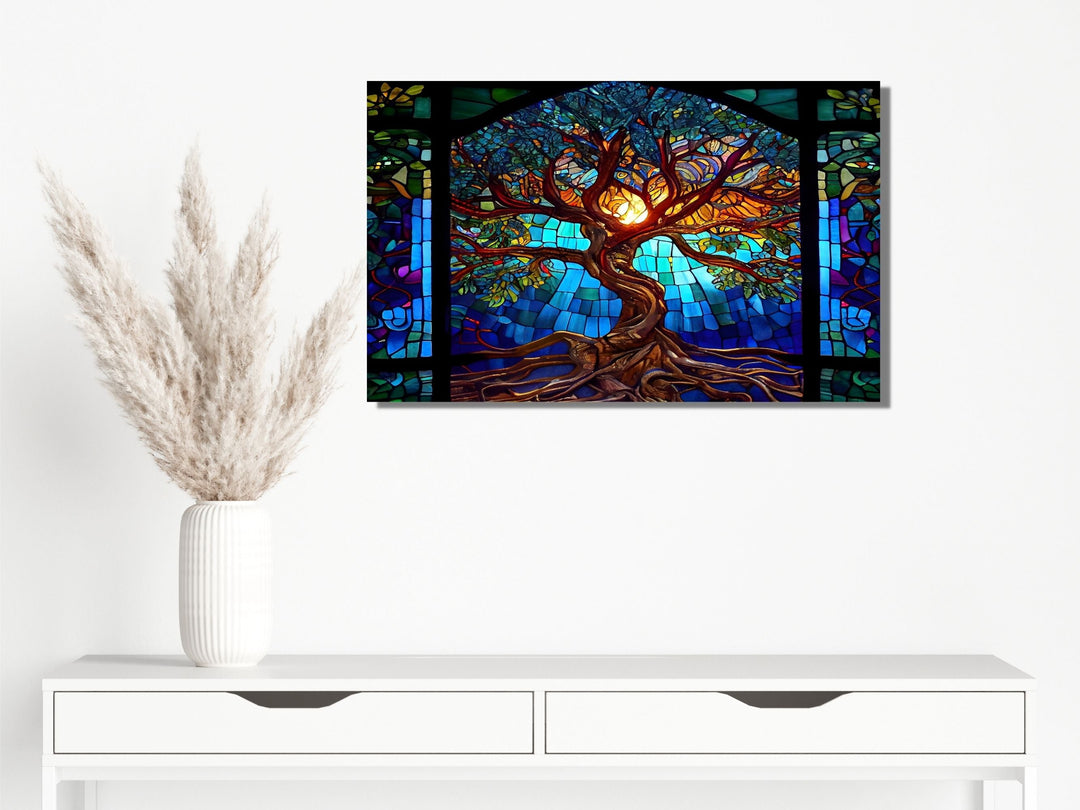 Stained Glass Tree of Life Pattern Wall Art Decor-Home&Office Glass Printing Wall Painting