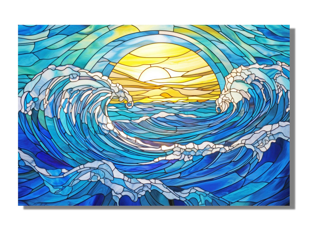 Stained Glass Ocean Wave Pattern Wall Art-Home Office Wall Painting Decor Panel