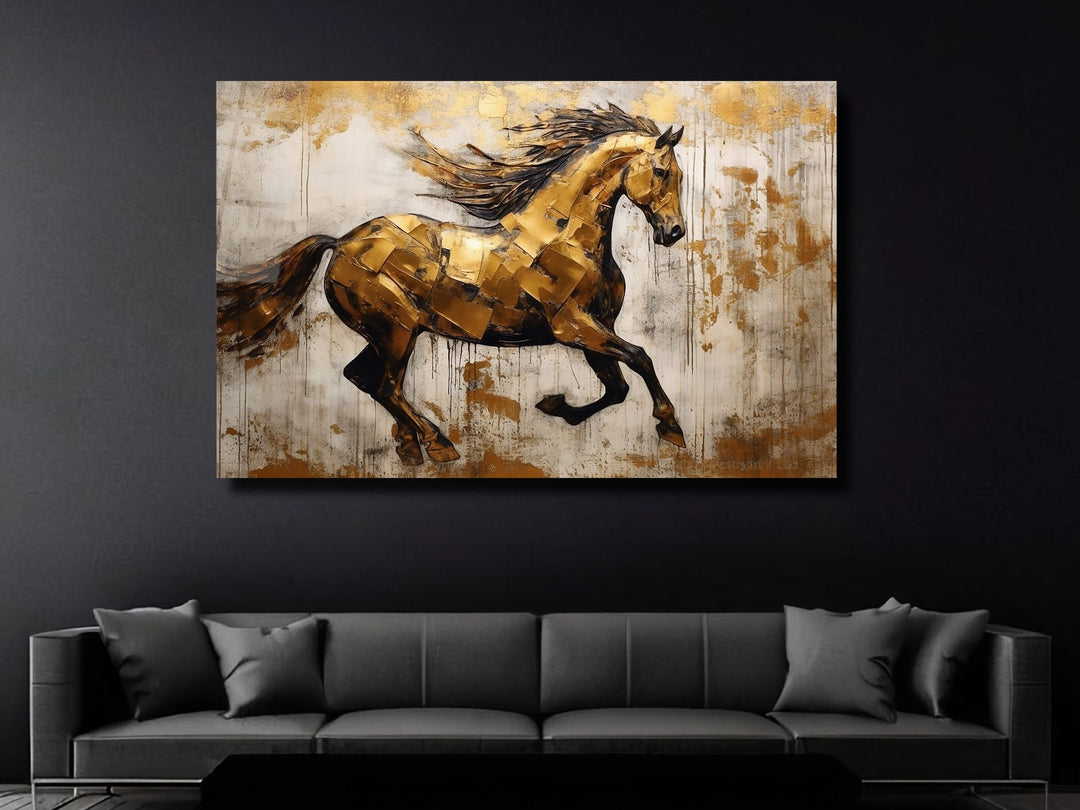 Gold Horse Glass Printing Wall Art - Glass Wall Decor