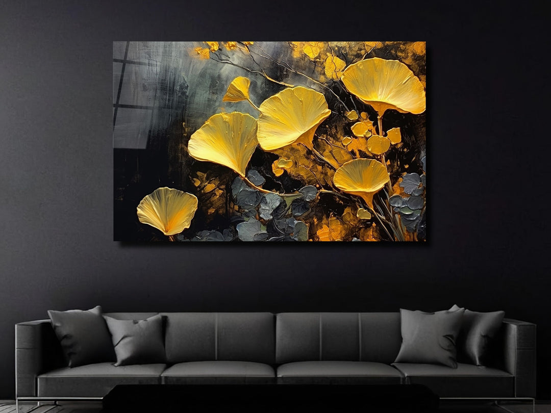 Gold Flower Glass Printing Wall Art - Glass Wall Decor