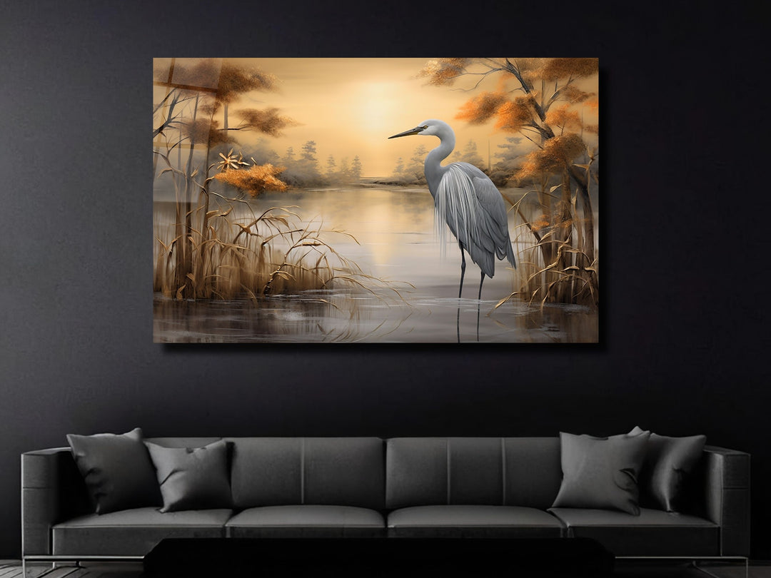 Stork Gold Glass Printing Wall Art - Landscape Glass Wall Decor