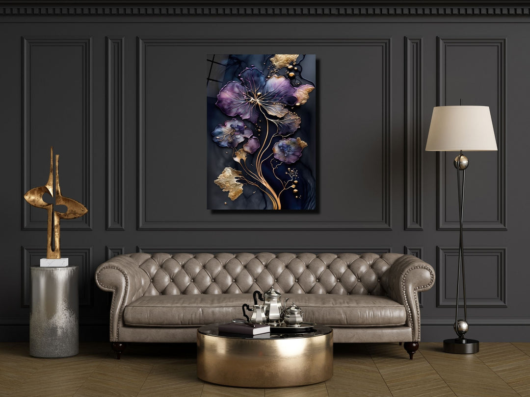 Abstract Gold&Purple Floral Glass Wall Art-Home&Office Glass Printing Wall Decor