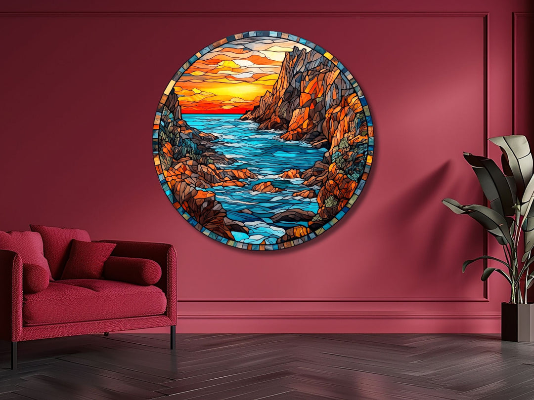 Stained Glass Sunset Pattern Wall Art Decor-Glass Printing Wall Painting Round