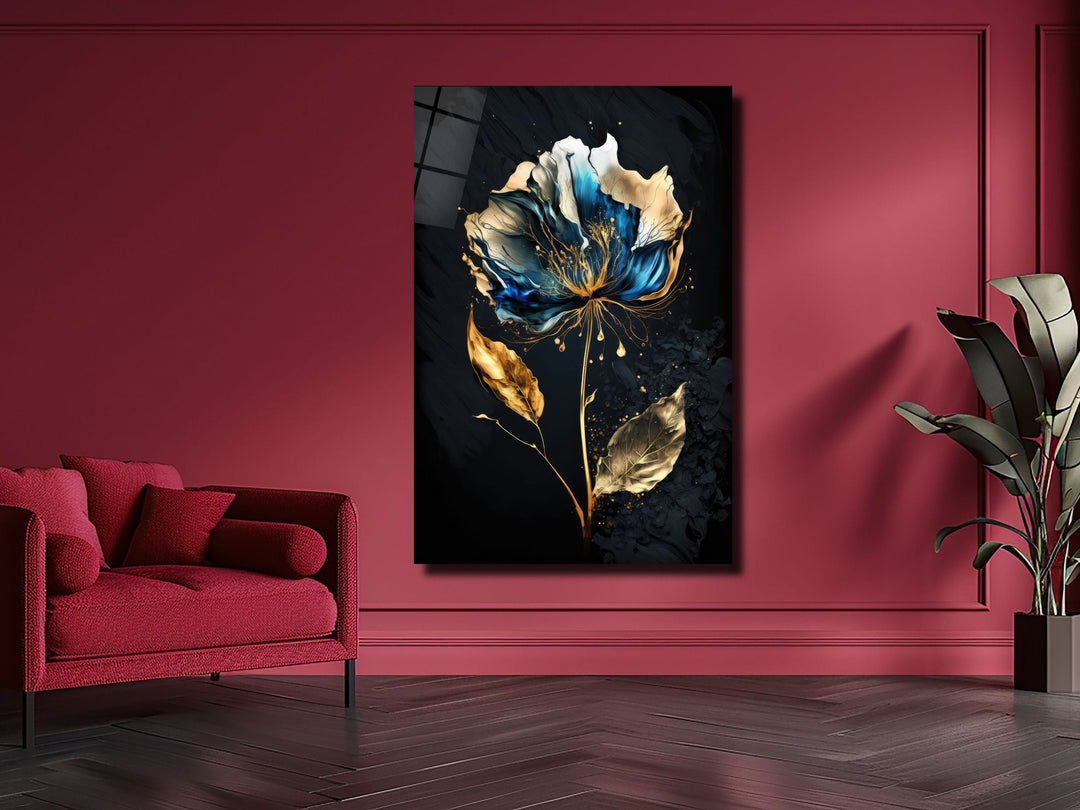 Abstract Blue&Gold Floral Glass Wall Art-Home&Office Glass Printing Wall Decor