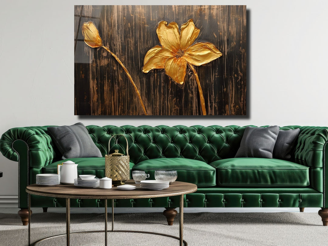 Gold Flower Glass Printing Wall Art - Glass Wall Decor