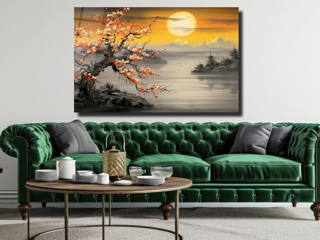 Sunset Landscape Glass Printing Wall Art - Gold Glass Wall Decor