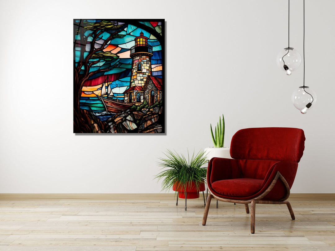 Stained Glass Light House Pattern Wall Art Window-Wall Painting Decor