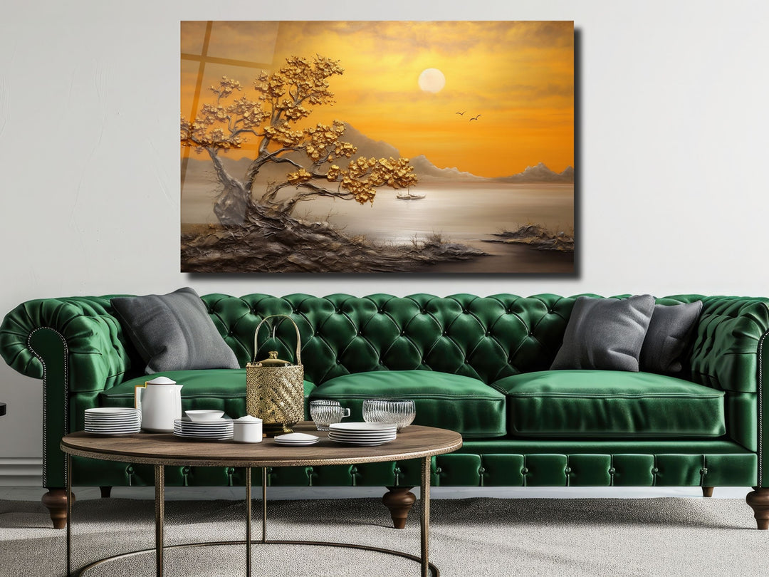 Sunset Landscape Glass Printing Wall Art - Gold Glass Wall Decor