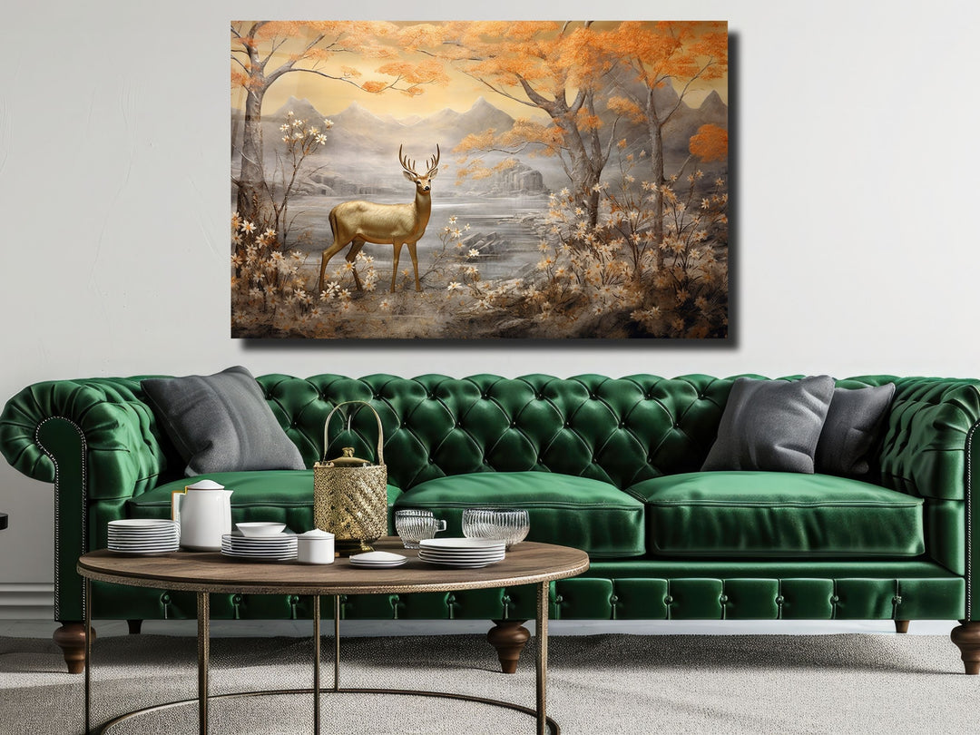 Gold Deer Glass Printing Wall Art - Landscape Glass Wall Decor