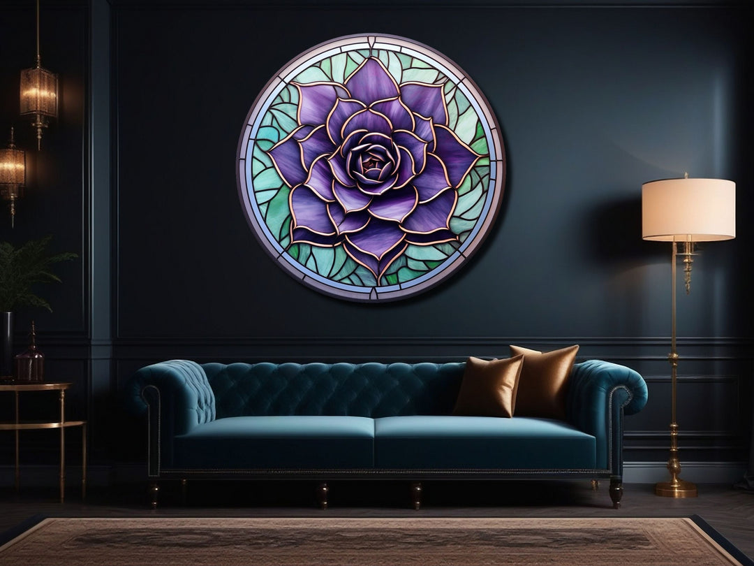 Stained Glass Lotus Flower Pattern Wall Art Decor-Glass Printing Wall Painting Round