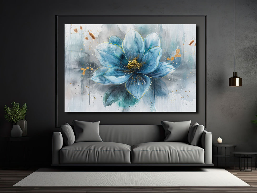 Blue Flower Glass Printing Wall Art - Floral Glass Wall Decor