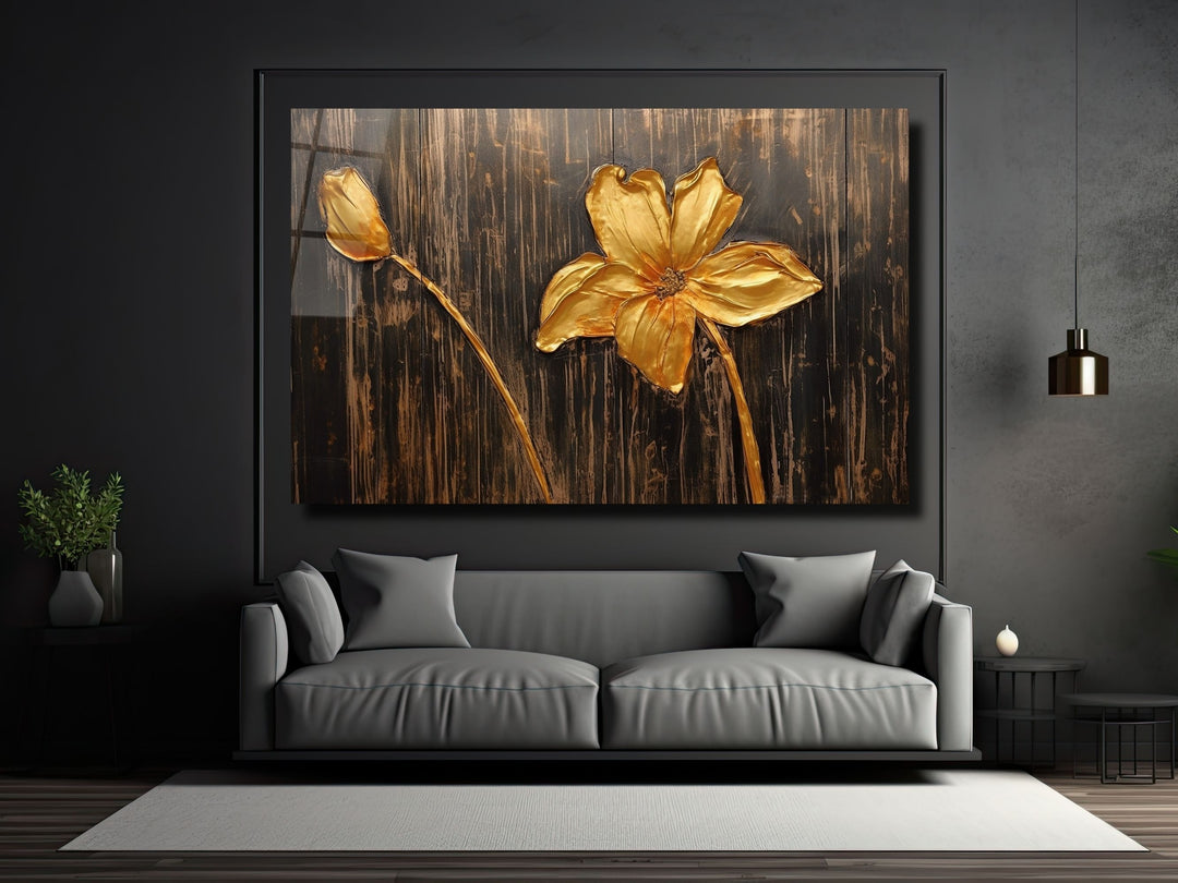 Gold Flower Glass Printing Wall Art - Glass Wall Decor