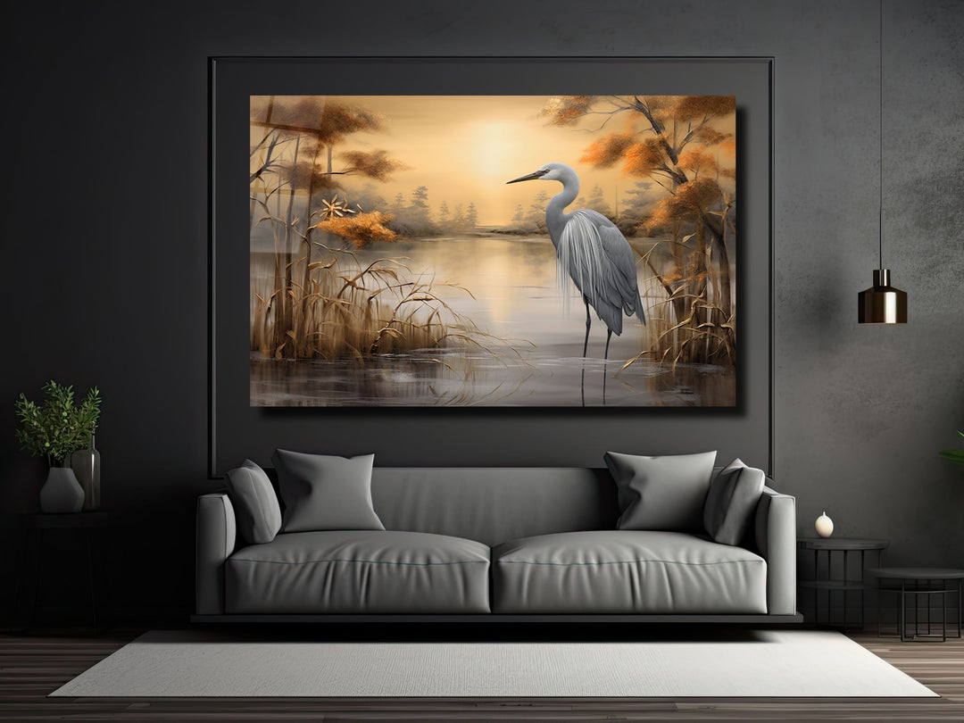 Stork Gold Glass Printing Wall Art - Landscape Glass Wall Decor