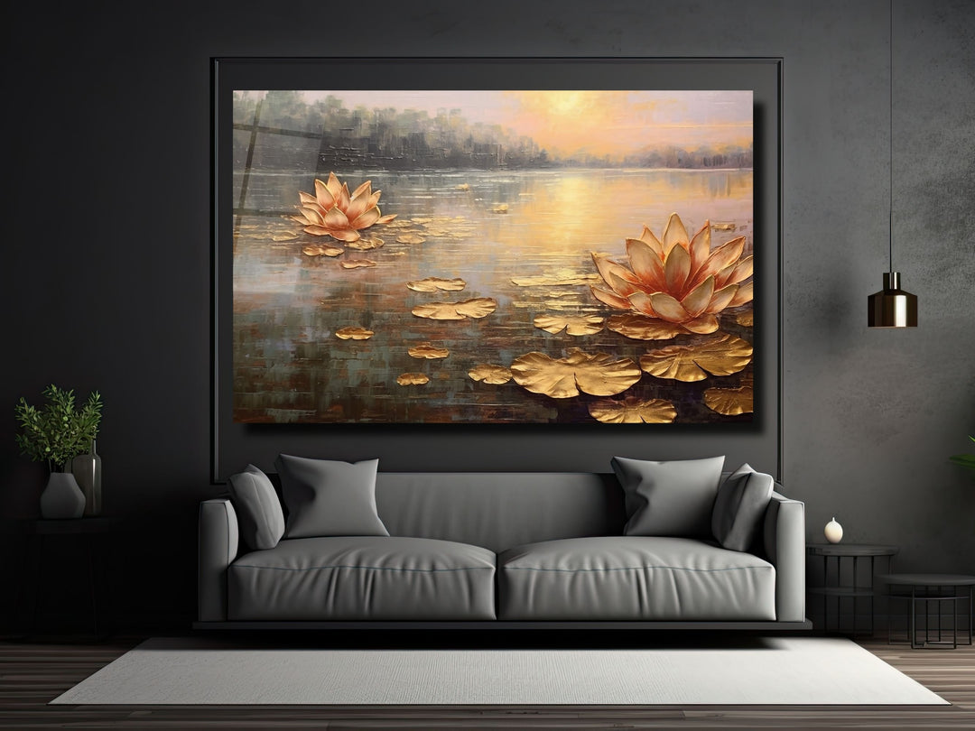 Gold Lotus Glass Printing Wall Art - Landscape Glass Wall Decor