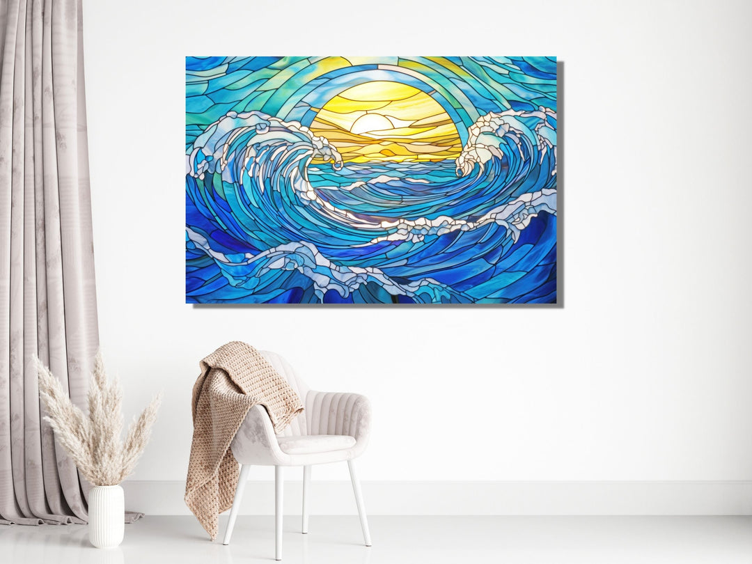 Stained Glass Ocean Wave Pattern Wall Art-Home Office Wall Painting Decor Panel