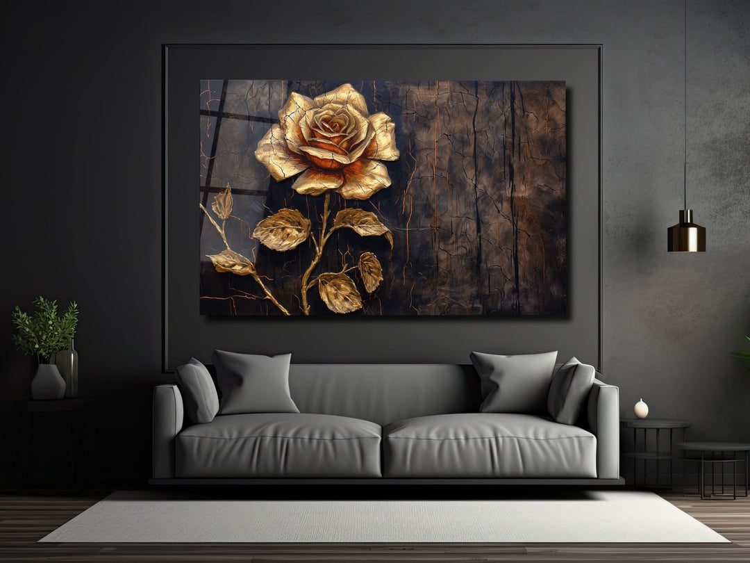 Gold Rose Glass Printing Wall Art - Glass Wall Decor